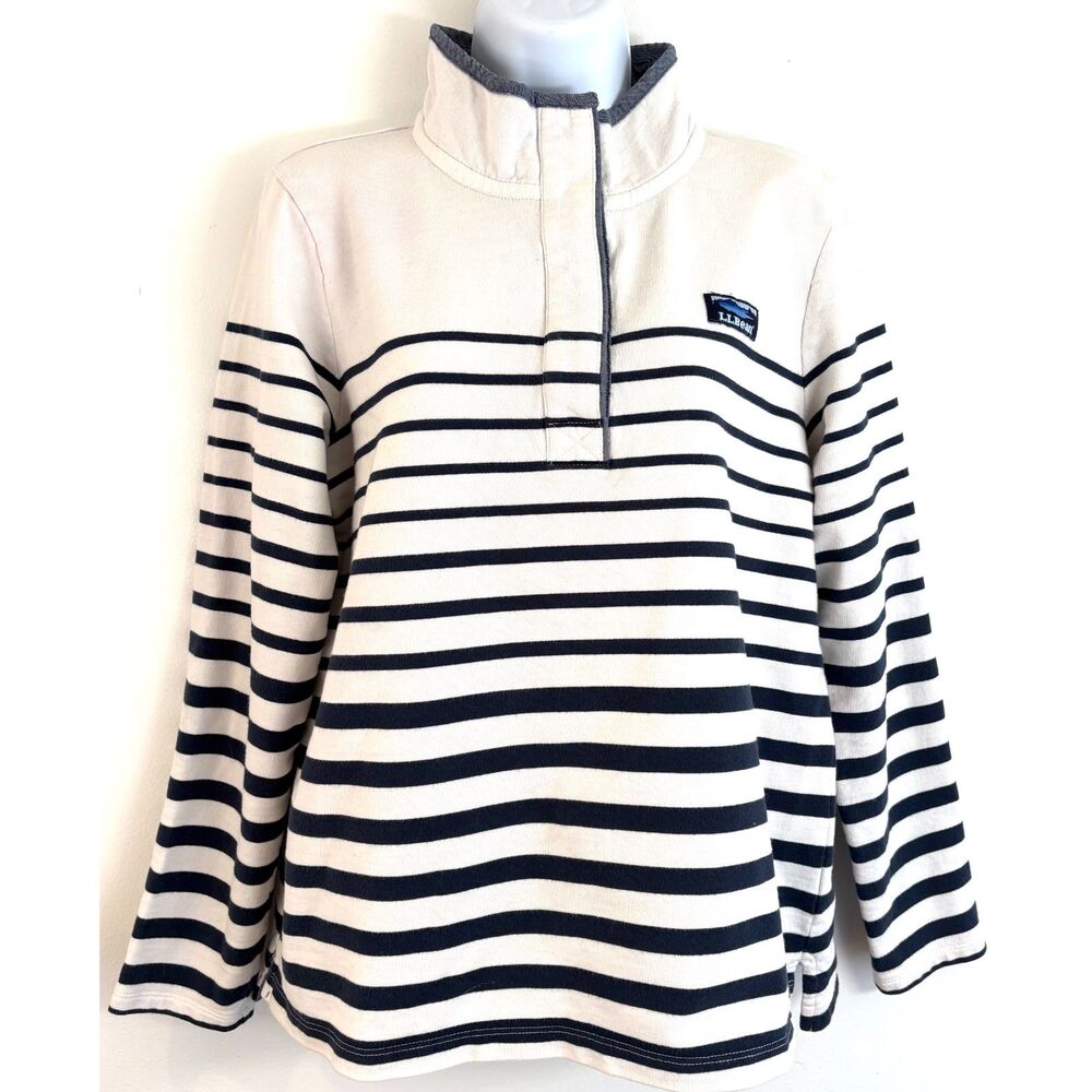 L.L. Bean Rugby Shirt Womens Large Navy White Striped Long Sleeve Mock Neck